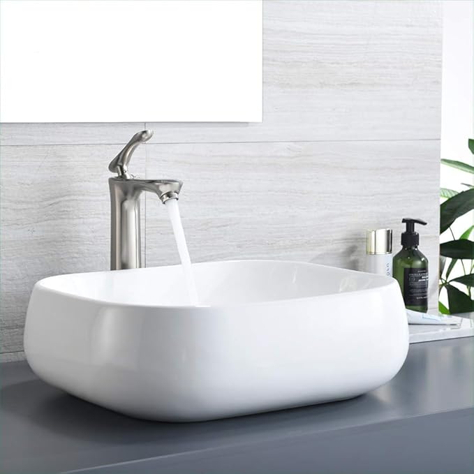 Rectangle Vessel Sink, 18"x16" Modern White Ceramic Bathroom Vessel Sink Above Counter Lavatory Vanity Porcelain Washinng Art Basin