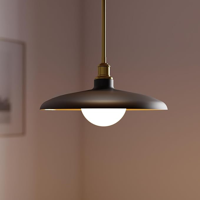 Globe Electric 1-Light Pendant Light, Matte Black Shade with Matte Brass Trims & Interior, Removeable Etched Glass Shade, Soft Industrial Lighting for Dining Room or Living Room