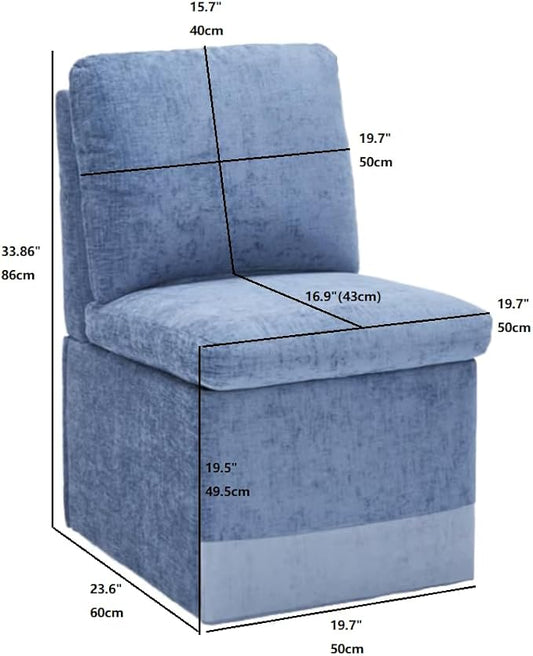 Set of 2 Linen Upholstered Armless Dining Chair with Casters and Storage Space, Modern Dining Room Chairs with Wheels for Dining Room Kitchen Bedroom Reading Room Living Room, Blue