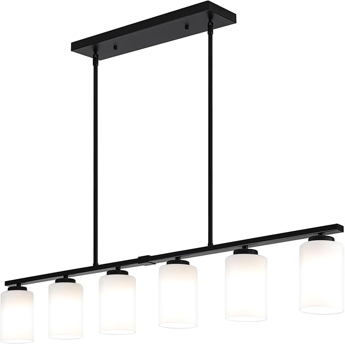 45.27'' Modern Farmhouse Kitchen Island Light, 6-Light Island Lights for Kitchen, Dining Room Light Fixture, Black Hanging Pendant Light with Milk Glass Shade, Linear Chandelier with Adjustable Rod
