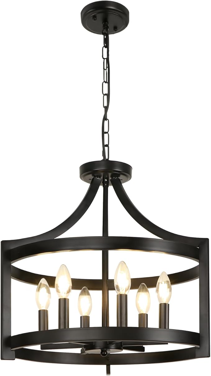 LynPon 6 Lights Large Modern Farmhouse Chandelier, 19" Convertible Semi Flush Mount Ceiling Light Fixture Hanging Light Rustic Round Cage Black Chandelier for Foyer Dining Room Kitchen Entryway