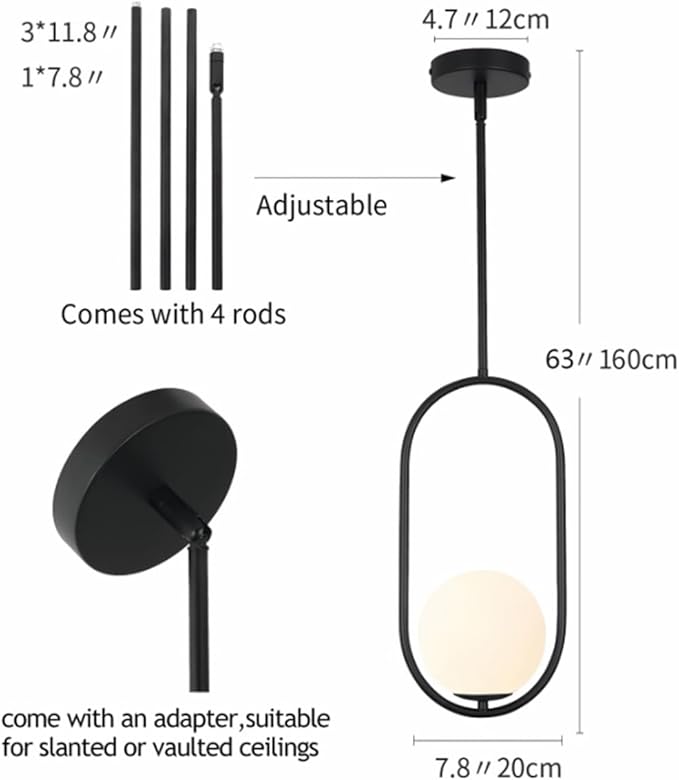 Modern Pendant Light with Milk Glass Globe Lampshade, Hanging Light Fixture for Kitchen Island, Adjustable Height Hardwired Ceiling Fixture for Dining Room, Bedroom, Hallway (1, Black)