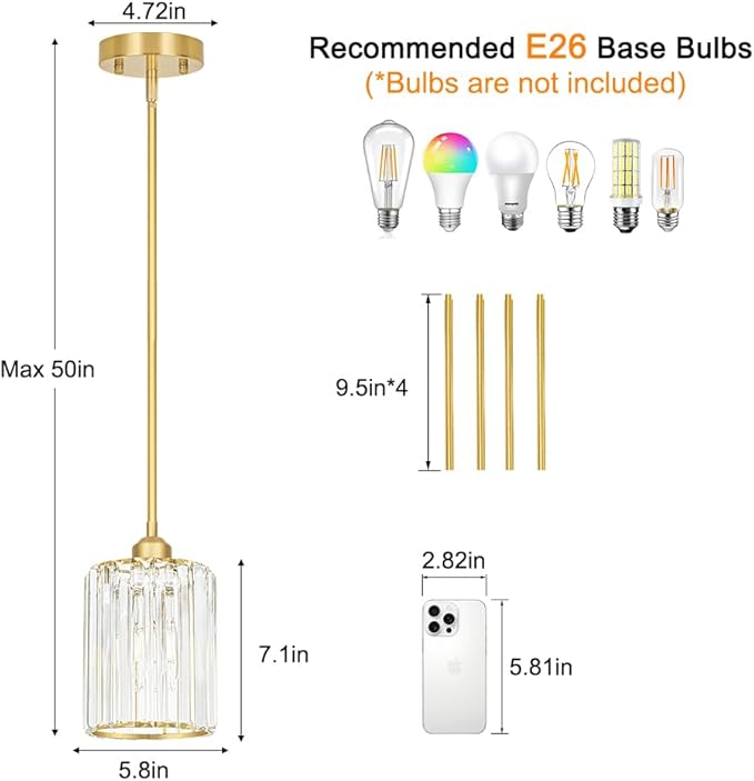 Lxybcce Gold Kitchen Pendant Lights Over Island with Adjustable Rods - Crystal Pendant Lighting Fixtures for Sloped Ceiling, Ideal Over Dining Table or Bar, E26 Bulb Compatible, No Electrician Needed