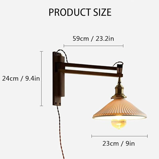 Retro Plug in Wall Sconces Japanese Style Ceramic Folding Lamp Wall Lights Wood Rotating Fixture Brass Base E26 Screw Wall Lighting (waxwood)