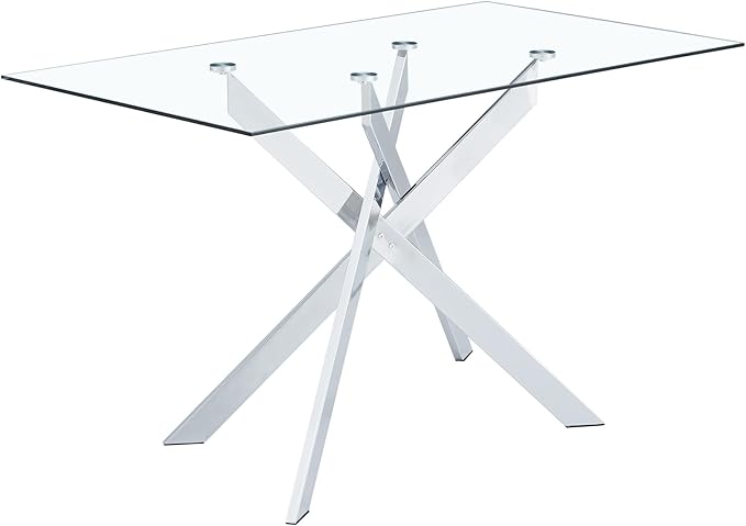 51" Rectangle Dining Table for 4 5 6 People, Modern Dining Table with Silver Chrome Metal X-Shaped Legs, Large Glass Kitchen Table Family Dinner Table for Home Office Living Room