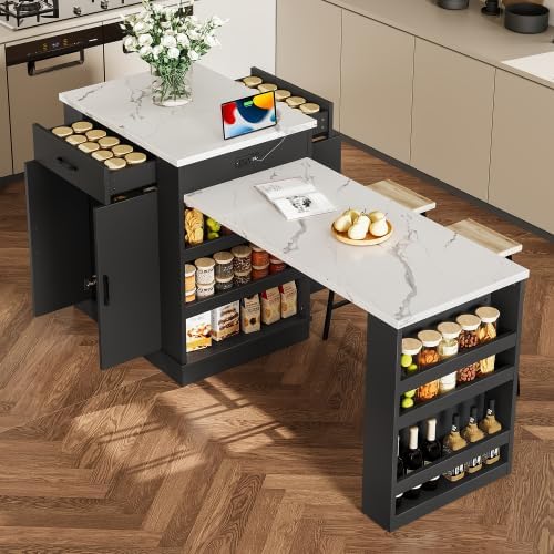 Bellemave Kitchen Island with Extendable Dining Table, 80.7" Kitchen Storage Islands with Double-Door Cabinet, Power Outlet, 2 Drawers & 2 Open Shelves, Temporary Breakfast Bar (Black/80.7")