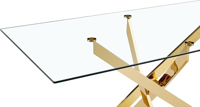 63" Glass Dining Table for 4-6, Contemporary Rectangular Dining Room Table with Tempered Glass Top & Gold Finish Stainless Steel Legs, Modern Large Dining Table for Home Kitchen
