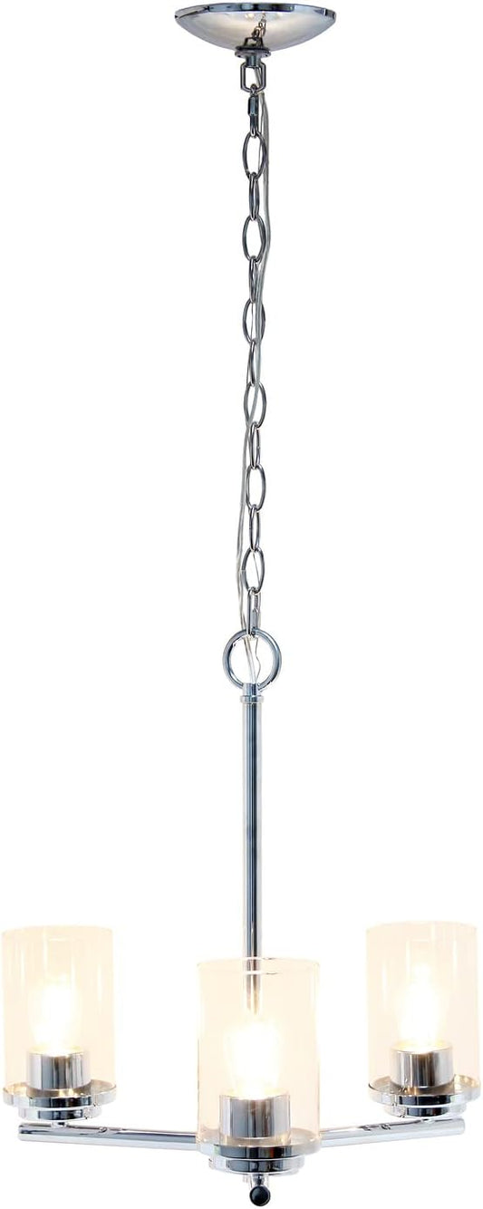 Elegant Designs PT1018-CHR 15" Traditional Vintage Modern Industrial 3-Light Metal and Clear Glass Kitchen Island Foyer Hallway Living Room Den Dining Room Hanging Pendant Chandelier, Chrome