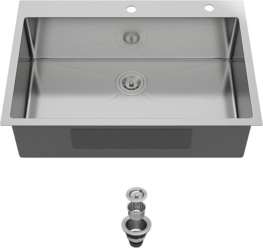 33 Inch Drop In Kitchen Sink - 33x22 Topmount 16 Gauge Stainless Steel Single Bowl Drop In Kitchen Sink 9" Deep Basin with Drain Assembly
