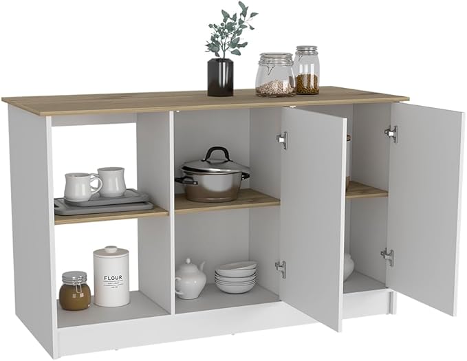 GOWE Juniper Kitchen Island, Four Open Shelves, Two Cabinets -Light Oak/White