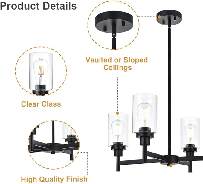 VINLUZ 4 Light Glass Farmhouse Chandelier Black Kitchen Lighting Fixture Hanging with Cylinder Clear Glass Pendant Light for Dining Room Bedroom