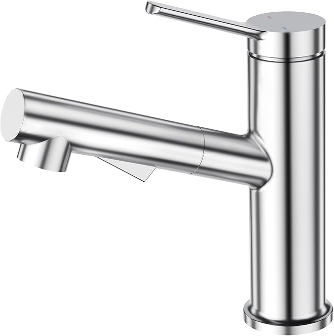 Faustina Bathroom Faucet with Pull Out Sprayer, Polished Finish Bathroom Sink Faucet for Vanity or Laundry, Stainless Steel 1 Handle with Deck Plate for 1 or 3 Hole