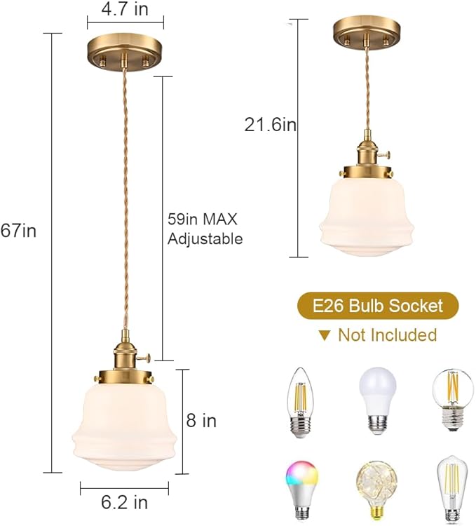 Industrial Milk Glass Pendant Light Fixture, Vintage Brass Adjustable Schoolhouse Hanging Light, Retro Mid Century Pendant Lighting for Kitchen Island Hallway Schoolhouse Dining Room Bedroom