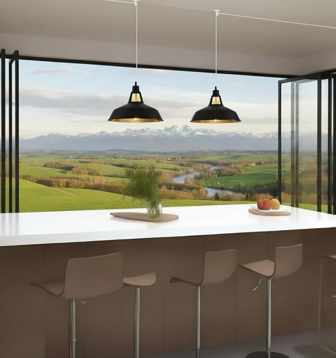 Plug in Pendant Light, 13.1FT Hanging Light with Plug in Cord and On/Off Switch, Industrial Black Inner Gold Barn Metal Shade Pendant Light for Kitchen Island, Dining Room, Bar, Cafe, Black Inner Gold