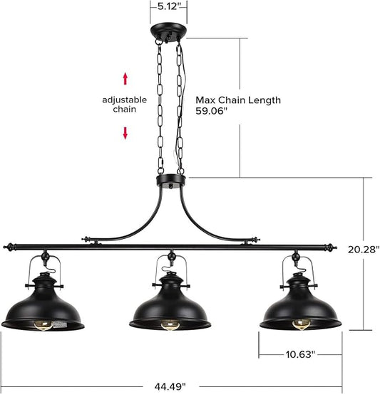 GZBtech Vintage 3-Light Pendant Lighting Fixture, 59.06'' H Adjustable Rustic Hanging Billiard Light Over The Pool Table, Industrial Black Metal Chandelier for Dinning Room Kitchen Island, UL Listed