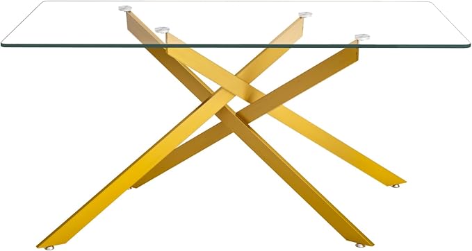 60.63" Rectangular Glass Dining Table,Glass Dining Room Table with Tempered Glass Tabletop and Metal Legs, Modern Style Kitchen Table for Home, Kitchen, Dining Room