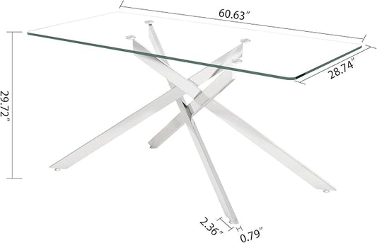60.6'' Tempered Glass Dining Table for 4-6 People, Rectangle Kitchen Table with X-Base Metal Legs, Adjustable Feet, Glass Top Desk for Home Office Silver Dining Room Table for 6