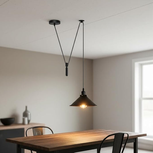 Black Cone Adjustable Pulley Pendant Light – Retro Industrial E26 Hanging Ceiling Lamp Fixture for Kitchen Island, Dining Room, Living Room, Bar & Café Décor (2M, Black)