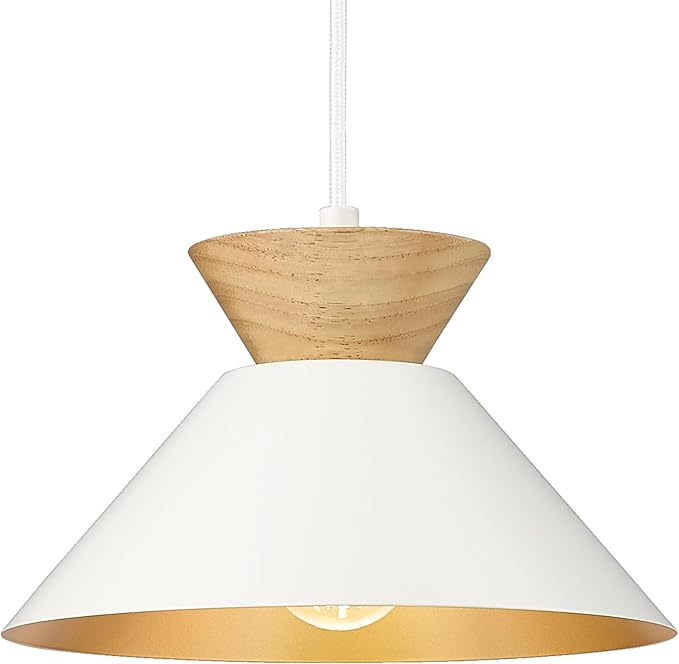 ELYONA Modern Pendant Light Fixtures 10" Solid Wood Hanging Lamp Nordic White Metal & Gold Inner Finish Boho Pendant Light for Farmhouse Kitchen Island Dining Room Bedroom Living Room Hallway