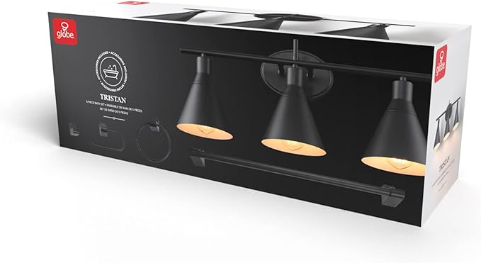 Globe Electric 52060 Tristan 5-Piece All-In-One Bathroom Set, Matte Black, 3-Light Vanity Light, Towel Bar, Toilet Paper Holder, Towel Ring, Robe Hook