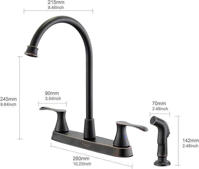 Oil-Rubbed-Bronze Kitchen Faucet with Side Sprayer, Bronze 2-Handle Faucet for 4 Holes Kitchen Sink