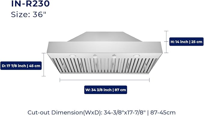 Hauslane Range Hood Insert 36 inch,Stainless Steel Built-In Range Hood with 3-SPEED Dual Control Knobs,Dishwasher-safe baffle filters,GU10 LED bulbs,6" Round Duct for Vented or Ductless