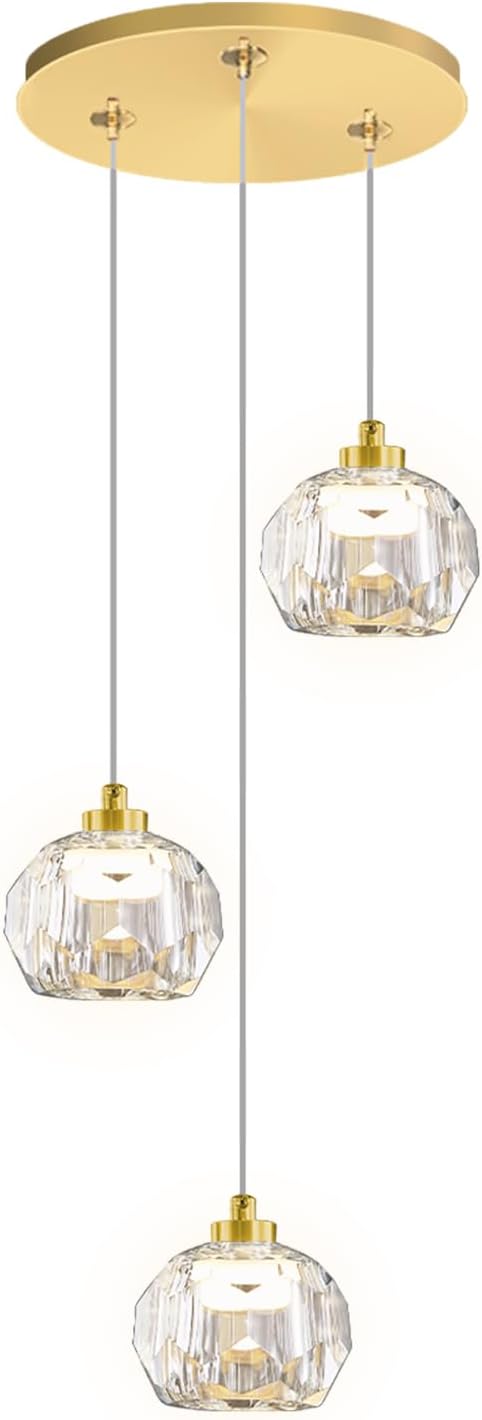 3-Light Dimmable LED Gold Pendant Light,Crystal Ball Chandelier for Dining Room Bedroom Pendant Light Kitchen Island 15W