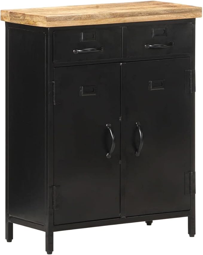 Industrial Sideboard, Black Natural Rough Mango Wood, Powder-Coated Steel Frame, 2-Door Storage Cabinet, 11.8x23.6x29.9 in Living Room Buffet Furniture Kitchen Furnitur