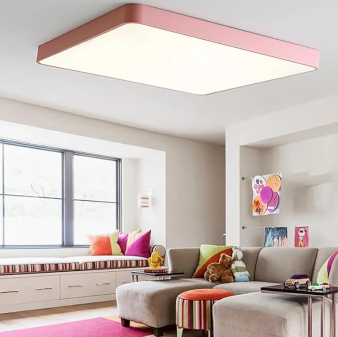 LED Ceiling Light Fixture,16 * 24 Inch Modern Rectangle Recessed Ceiling Lights,48W 3000K-6000K Dimmable Light,Pink Close to Ceiling Lighting Flush Mount Living Room Bedroom Ceiling Lamp