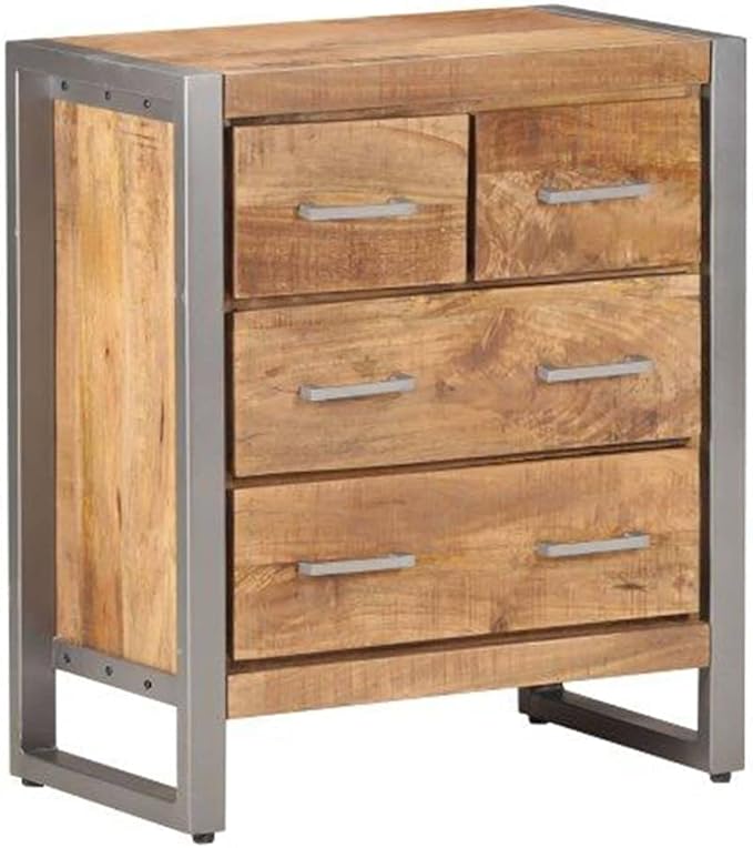 Industrial Sideboard, Rough Mango Wood, Iron Frame, 23.6" Long, 4-Drawer Storage Cabinet for Living Room, Natural Brown Kitchen Furniture