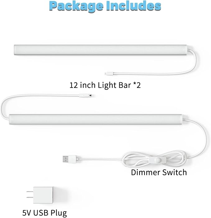 ASOKO HOME Dimmable Wired Under Cabinet Lighting - 2 Pack of 12-Inch Cold White 6000K Linkable USB LED Lights for Kitchen, Desk, Sink, and Workbench