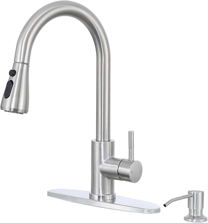 HOTIS Kitchen Faucet with Soap Dispenser, Brushed Nickel Kitchen Faucet with Pull Down Sprayer 3 Modes, High Arc Single Handle RV Bar Sink Faucets for Farmhouse RV Laundry Camper, HT-SLYT004L-S-1