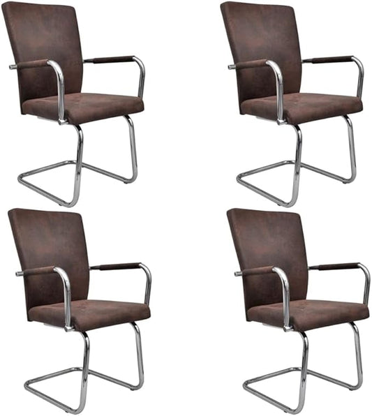 Modern Cantilever Dining Chairs Set of 4 Brown Faux Suede & Powder-Coated Iron for Kitchen Dining Room Comfortable Seating