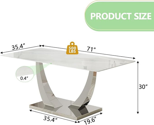 71" Modern Kitchen Table, Faux Marble Dining Room Table with 0.4" Thick Tempered Glass Top, White Dining Table with Silver U-Shaped Metal Base for Kitchen Dining Room