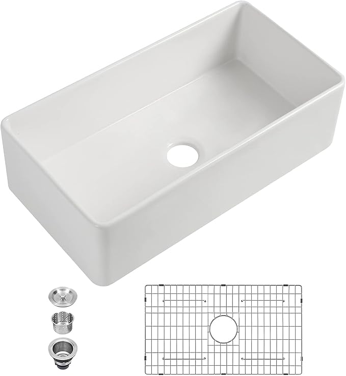Sarlai 36 White Farmhouse Sink - 36 x 20 Inch Kitchen Sink Apron Front Single Bowl Reversible Ceramic Porcelain Vitreous Fireclay Single Bowl Farmer Sinks Basin