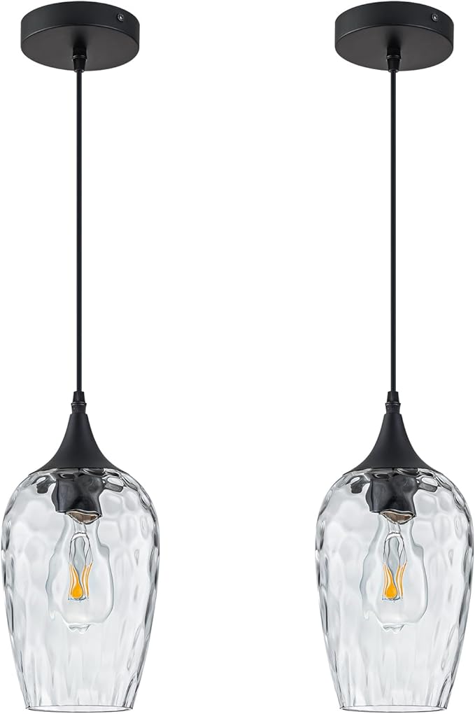 Glass Pendant Lights Kitchen Island 2 Pack, Black Pendant Light Fixtures with Hand-Blown Clear Glass Modem Farmhouse Hanging Light for Kitchen Sink Dining Room Bedroom