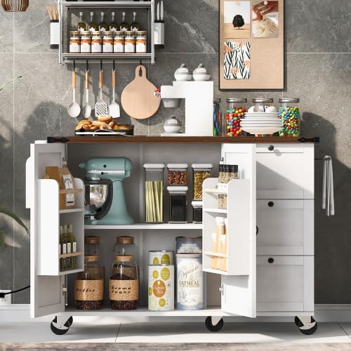 Kitchen Island Cart with Internal Storage Rack, 54.5'' Rolling Kitchen Island Table with Power Outlet, Drop Leaf, Spice/Towel Rack and Drawer, Mobile Kitchen Islands with Storage on Wheels (White)