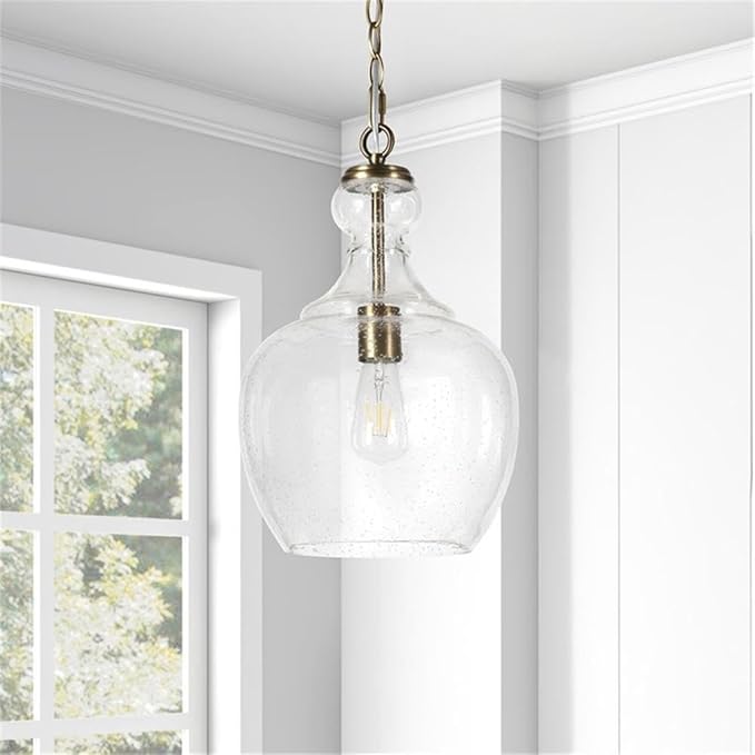 Henn&Hart 11" Mid-Century Modern Pendant Light Fixture with Seeded Glass Dome Shade and 6' Adjustable Cord for Kitchen Island, Dining Room or Game Room, Brass
