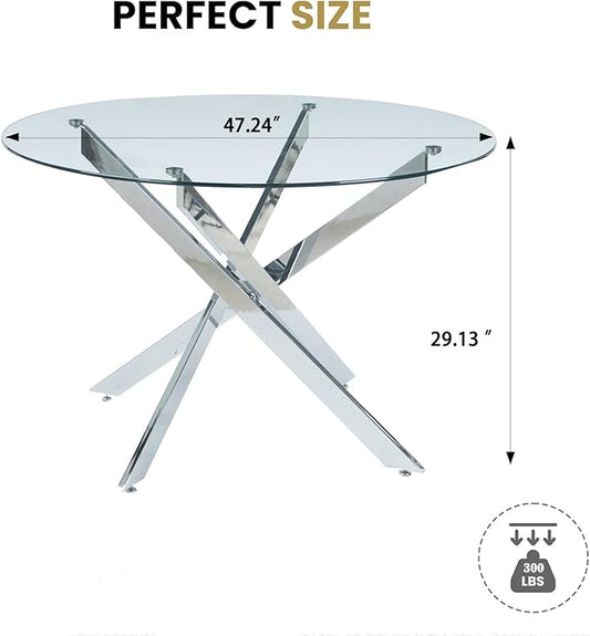 47.2'' Round Glass Dining Table for 4, Round Dining Room Table with X-Shape Metal Legs, Clear Circular Top Glass Silver Kitchen Table for 4, Perfect for Apartment Small Space