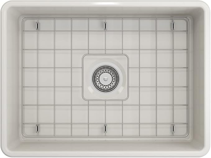 BOCCHI Classico Farmhouse Apron Front Fireclay 24 in. Single Bowl Kitchen Sink with Protective Bottom Grid and Strainer in Biscuit