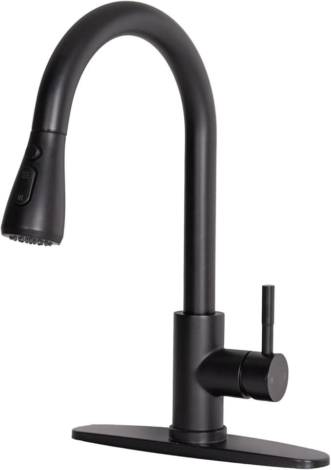 HOTIS Black Kitchen Faucet, Single Handle Matte Black Kitchen Faucets with Pull Down Sprayer, Stainless Steel Suitable for 1 or 3 Hole Sinks for Farmhouse, RV, Laundry, Bar, HT-KYT010B-D-new