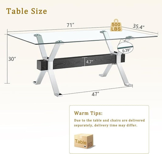 Glass Dining Table 71"|Modern Dining Table for 6-8|0.4" Thick Tempered Glass Top|Chrome Silver Metal Legs|Black Crossbar|Easy Assembly|Perfect for Dining Room or Kitchen