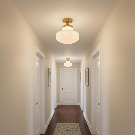 Milk White Glass Flush Mount Ceiling Light Fixture, Mid Century Modern Farmhouse Close to Ceiling Lamp for Bedroom Kitchen Hallway Laundry, Gold Ceiling Lighting
