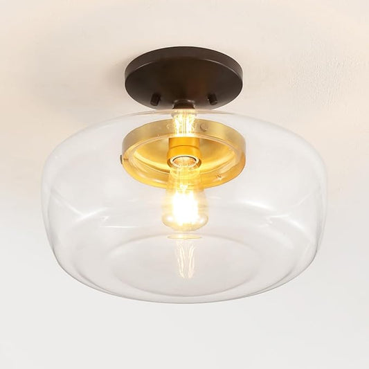 JONATHAN Y 14" Oil Rubbed Bronze/Brass Gold Modern Farmhouse LED Flush Mount Light Fixture, Clear Glass Shade, Rustic Industrial Schoolhouse Lamp for Kitchen Hallway Bedroom (JYL7517E)