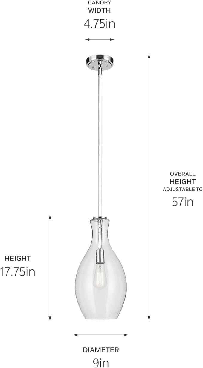 Everly 17.75" 1-Light Bell Pendant with Clear Seeded Glass in Chrome, for a Kitchen Island, Dining Nook, or Home Bar, (17.75" x 8.75") 42047CHCS