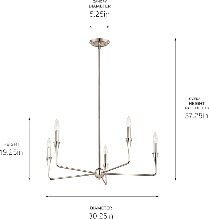 Kichler Alvaro 5-Light Chandelier, Soft Modern Light in Polished Nickel, for Dining Room, Office or Bedroom (19.25" x 30.25"), 52689PN