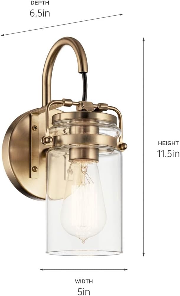 Kichler Brinley 11.5" Wall Sconce in Champagne Bronze, 1-Light, Vintage Wall Mount Light with Clear Glass, (11.5" H x 5" W), 45576CPZ