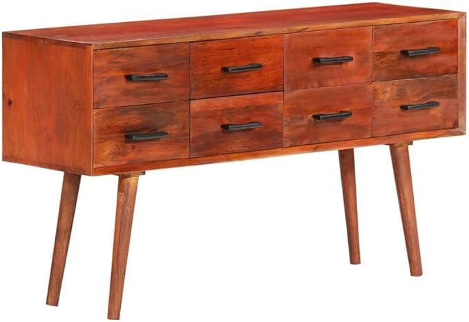 Solid Mango Wood Sideboard Buffet Cabinet 43.3" L, 8-Drawer Coffee Bar Storage Console Table with Iron Frame, Stained Brown, Wall-Mountable, for Living Room & Kitchen