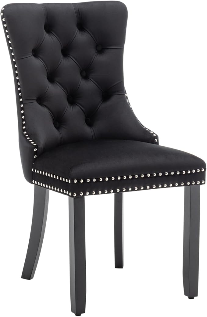 Eifizek Velvet Dining Chairs Set of 4, Upholstered Dining Room Chairs with Nailhead Ring Pull Trim, Button Tufted Dinning Chairs for Dining with Solid Wood Legs for Kitchen Dining Room(Black)