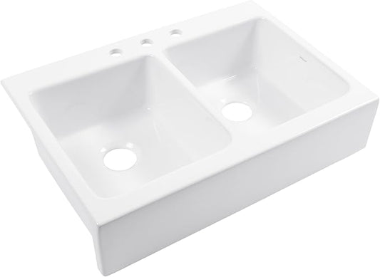 Sinkology Parker 34 Inch White Fireclay Quick-Fit Drop-In Kitchen Sink, Double Bowl, Apron Front, Undermount Installation, Fits 36 Inch Cabinet, Surefire Finish